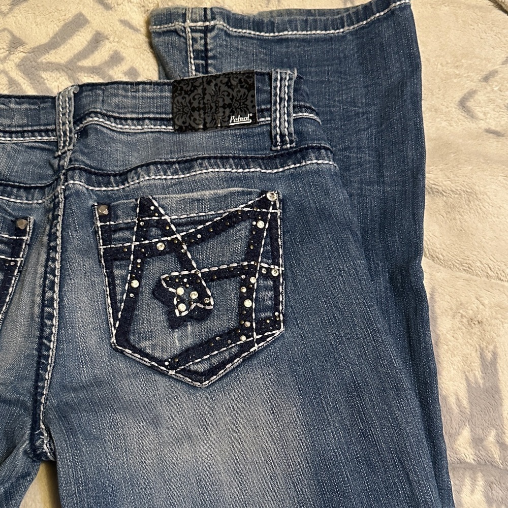 A209. Petrol Sayward Blue Boot Cut Jeans with Embellished Pockets